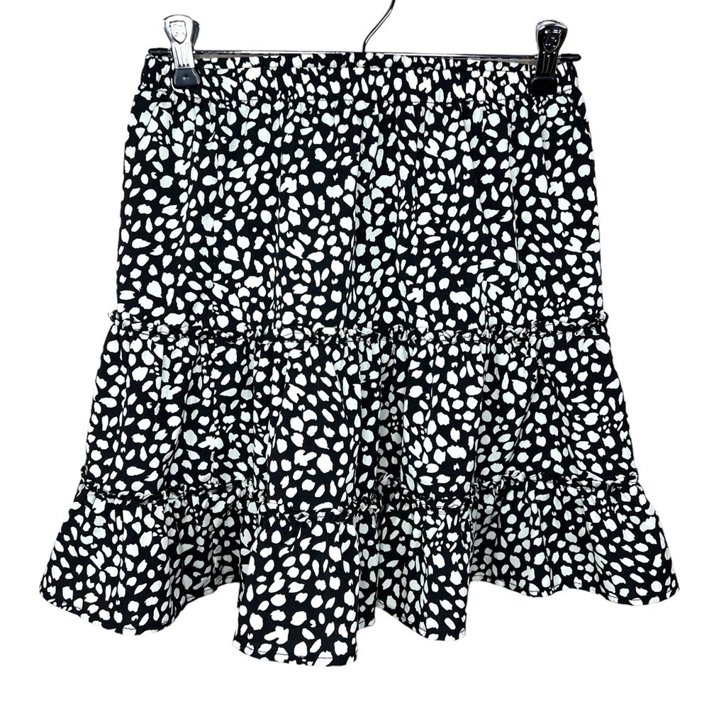 XXS Black White Dot Print A Line Mini Ruffle Skirt Pull On Elastic Waistband